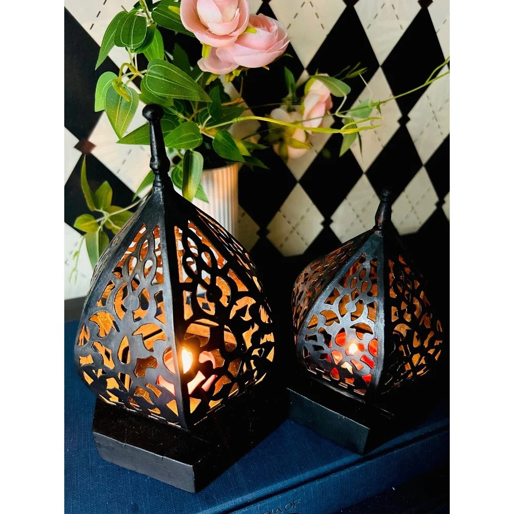 Moroccan Lantern Candleholders Black Pierced Metal Decor Pair